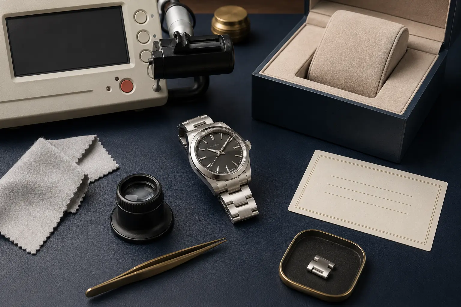 Brand-neutral pre-owned watch with loupe, time-testing equipment, box, document card and spare bracelet link on an inspection desk