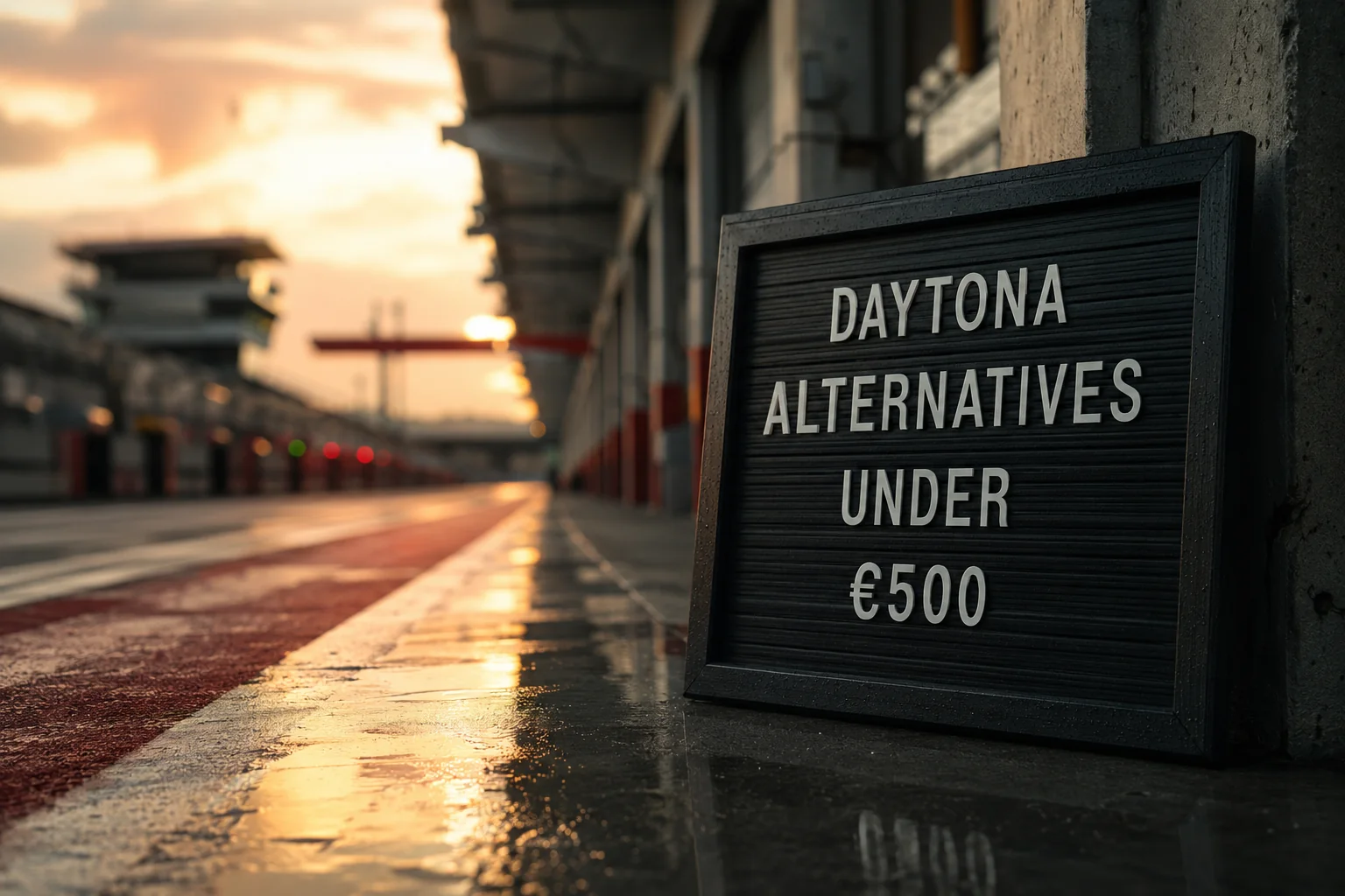 Realistic motorsport pit lane at sunset with a board reading Daytona alternatives under €500, without watches or brand logos