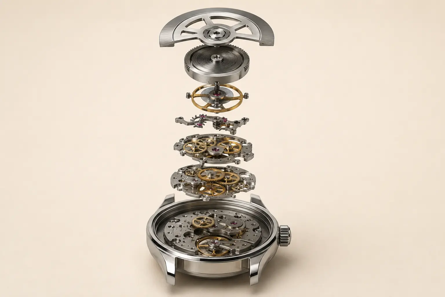 Exploded mechanical watch movement with rotor, mainspring, gear train, escapement and balance wheel separated in layers