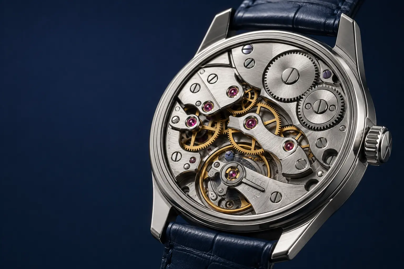 Detailed mechanical watch movement with silver bridges, gold gears, balance wheel and ruby jewels