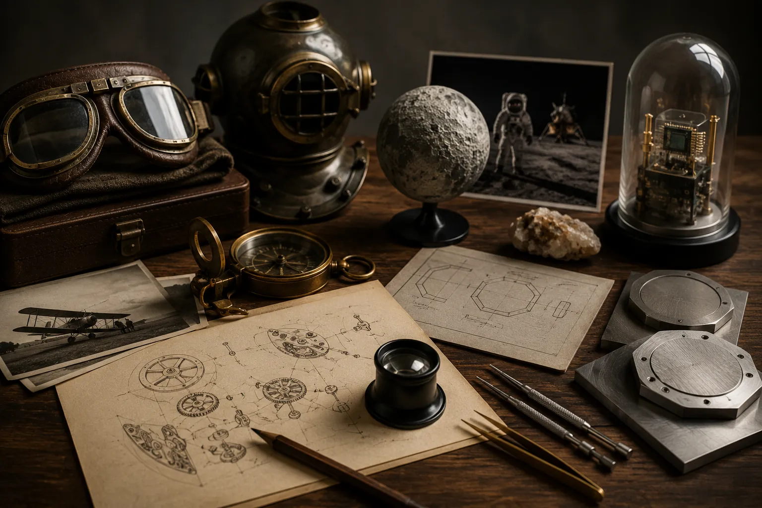Photorealistic museum-style scene with aviation goggles, vintage diving helmet, lunar exploration objects, early electronics and industrial design materials