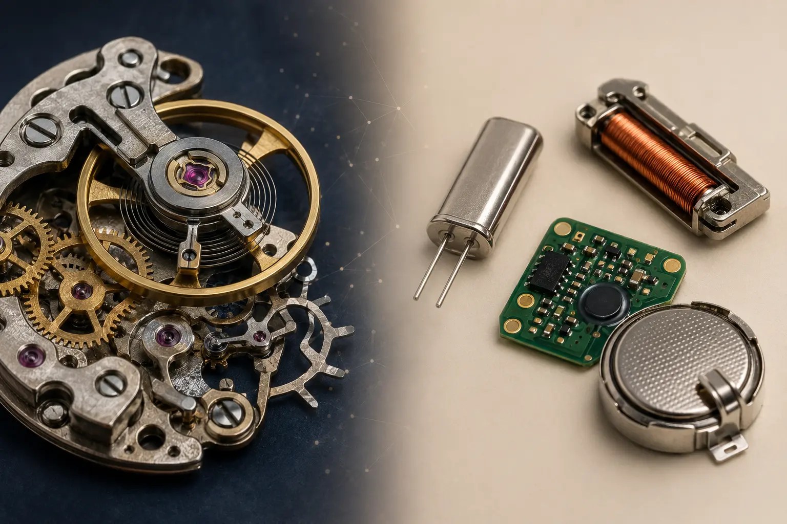 Mechanical balance and gears beside quartz crystal, circuit, coil and battery