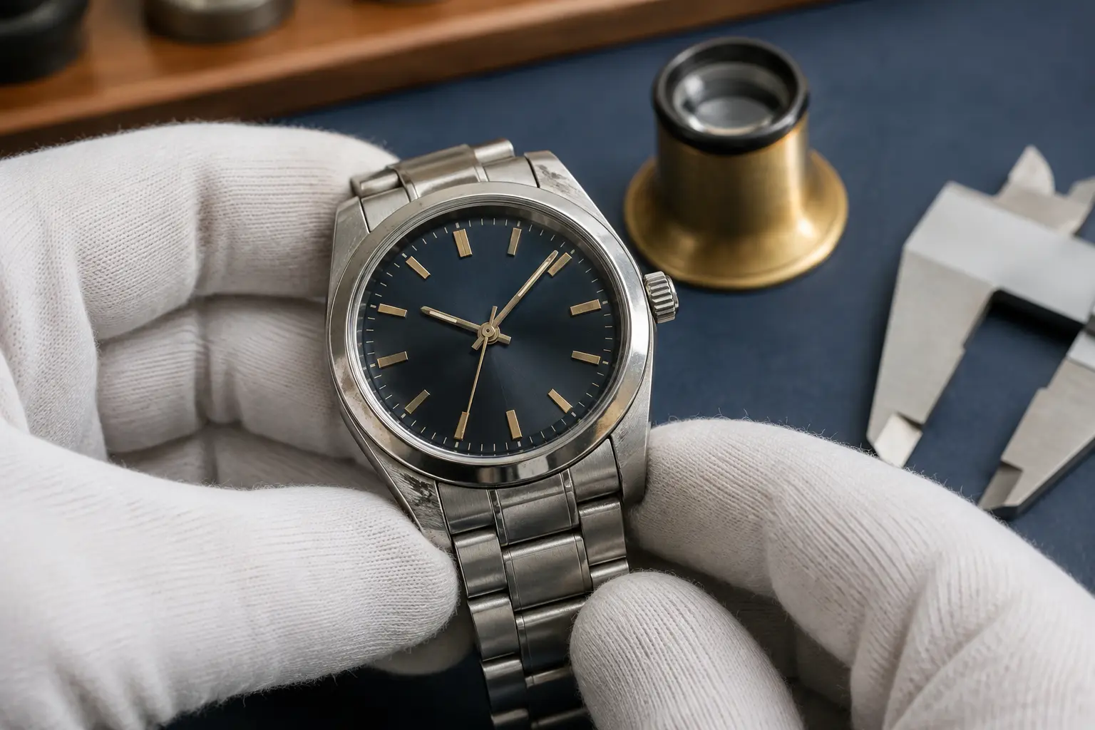 Watchmaker examining the crown, case, dial and bracelet of a brand-neutral used mechanical watch