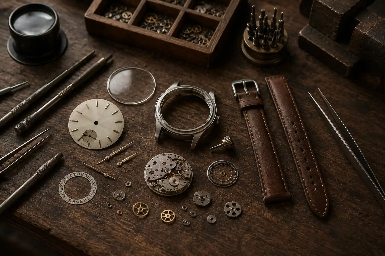 Watch components including case, dial, hands, movement and leather strap arranged on a watchmaker’s workbench