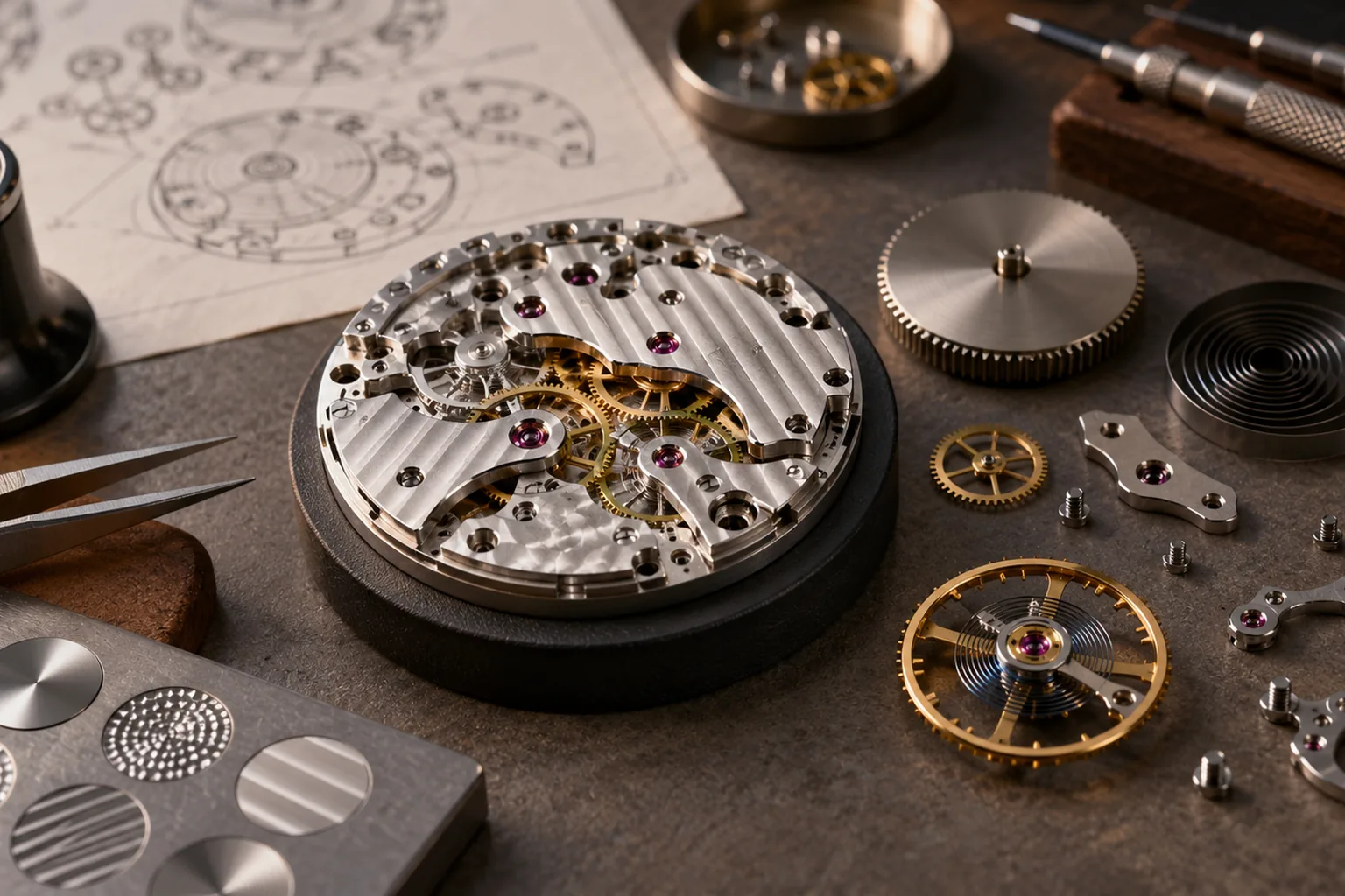 Original editorial macro scene of an unbranded mechanical watch movement, gears, balance wheel and watchmaking tools illustrating in-house movement engineering