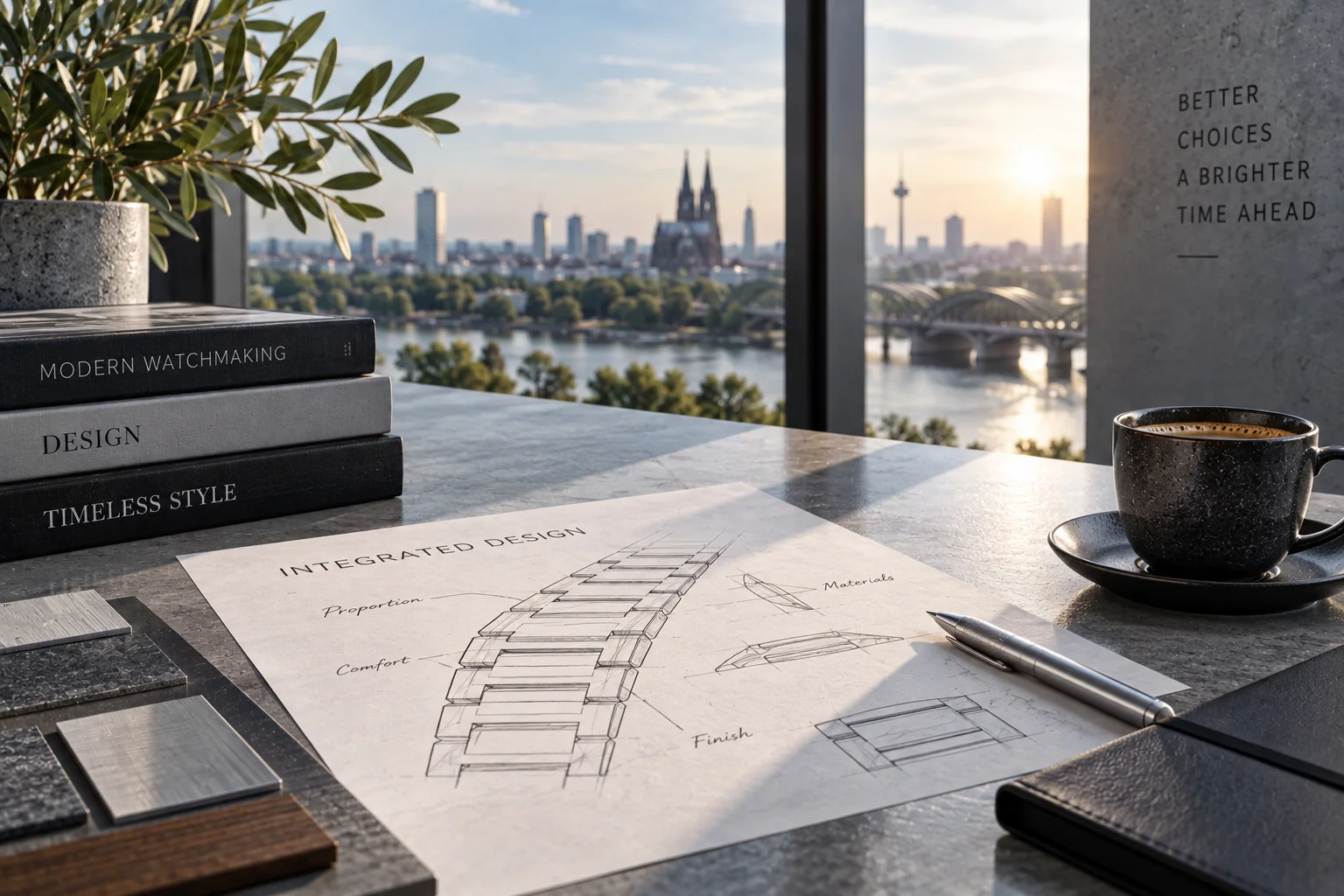 Integrated metal-link design sketch, material samples and city workspace illustrating integrated-bracelet watches under €2,000, with no complete watch or logo