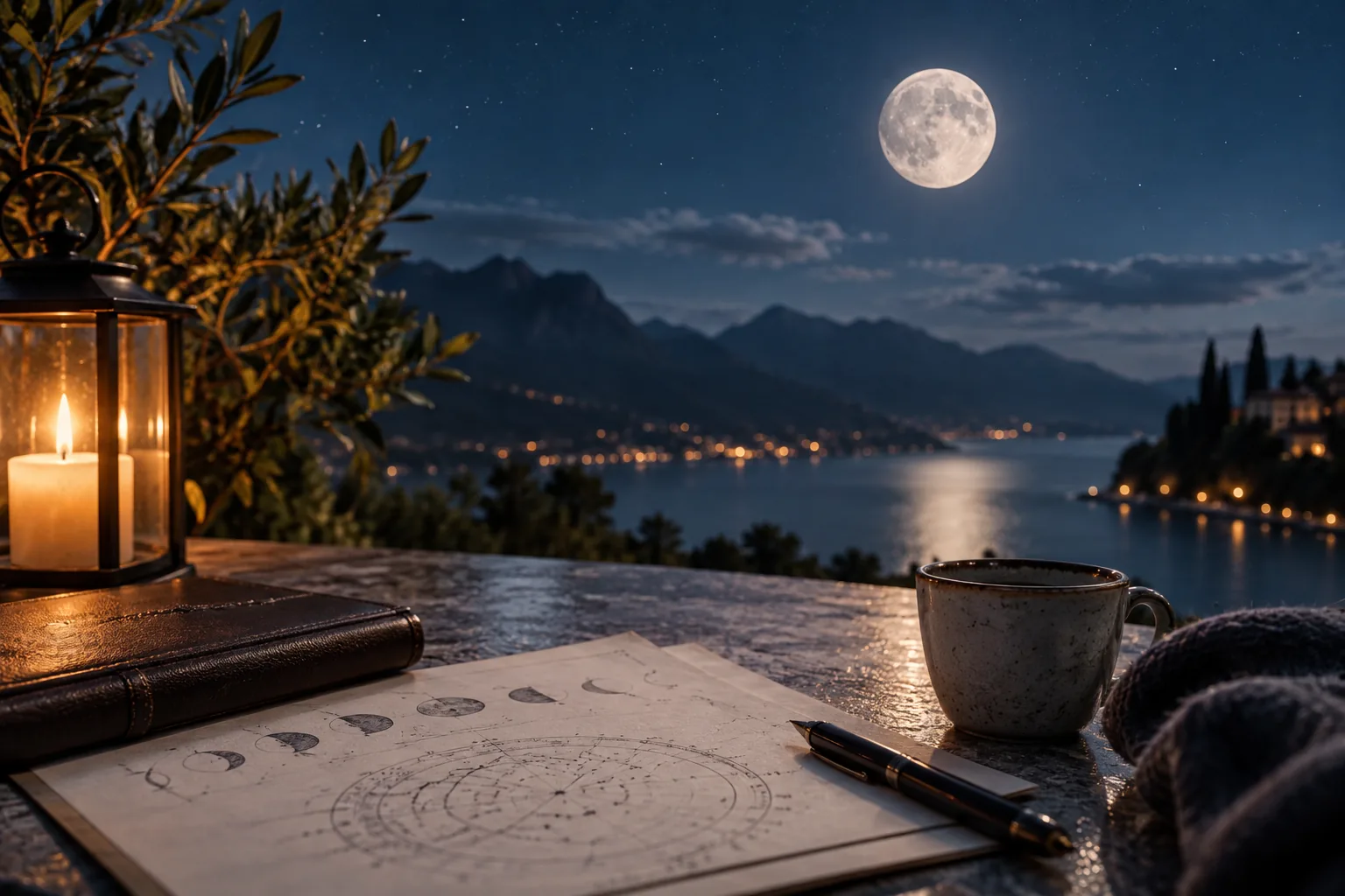 Moonlit lake and astronomy notes illustrating a guide to moon-phase watches under €5,000, with no visible watch or logo