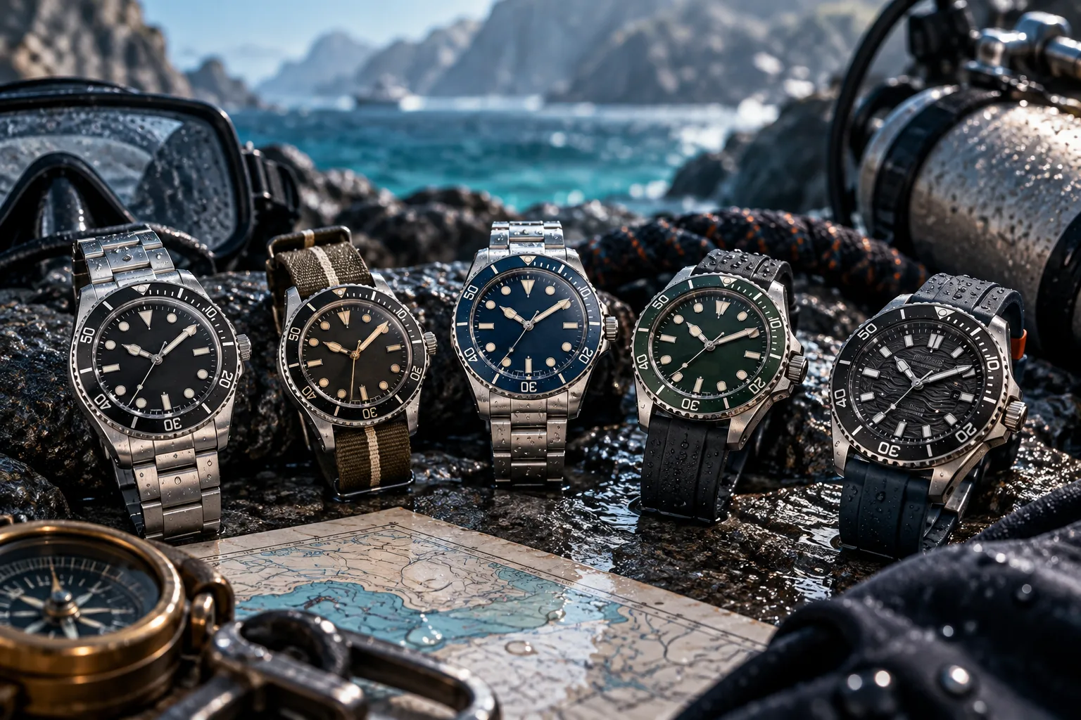Generic dive watches arranged on wet rocks beside the sea with diving equipment