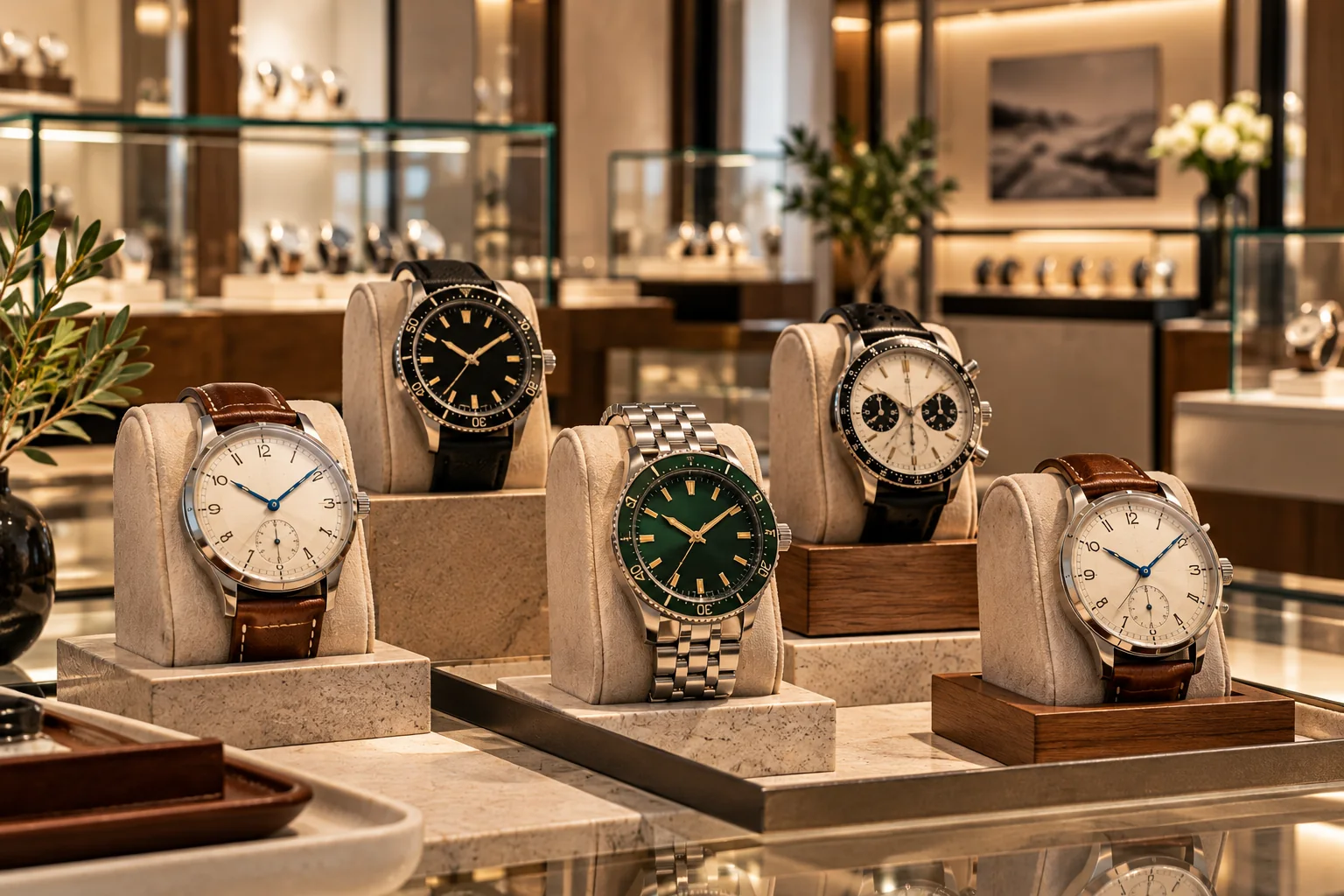 Generic unbranded vintage-inspired watches displayed inside an elegant luxury watch boutique