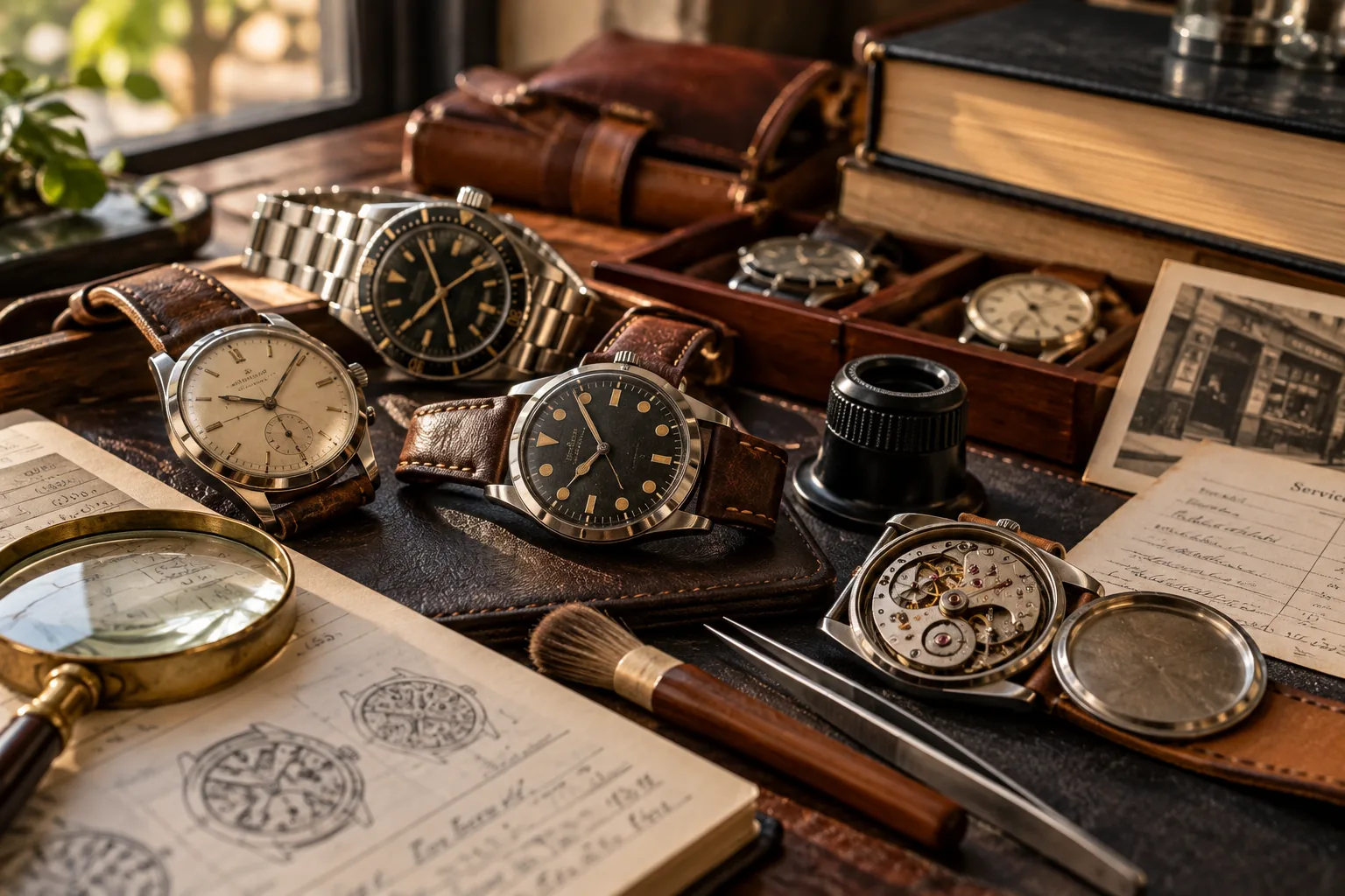 Vintage mechanical watches, watchmaker tools, loupe and archival papers on a collector's desk